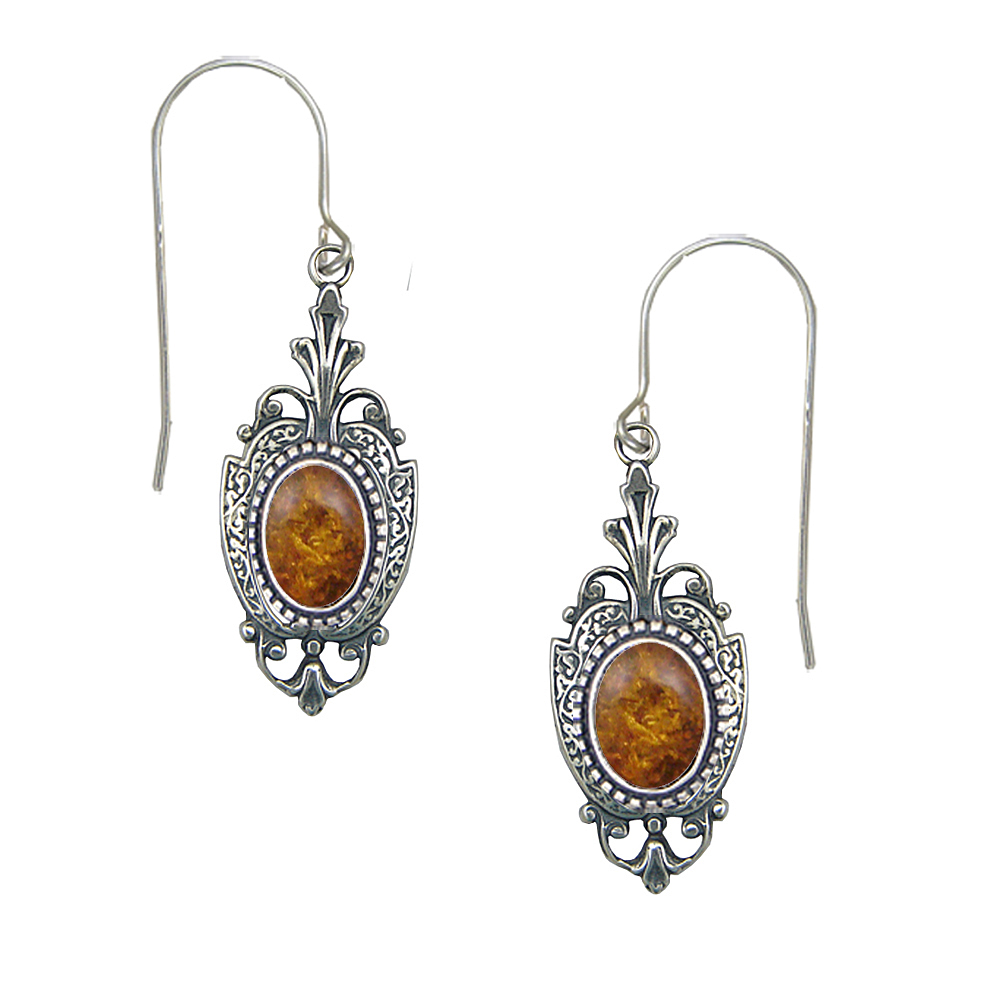 Sterling Silver Victorian Drop Dangle Earrings With Amber